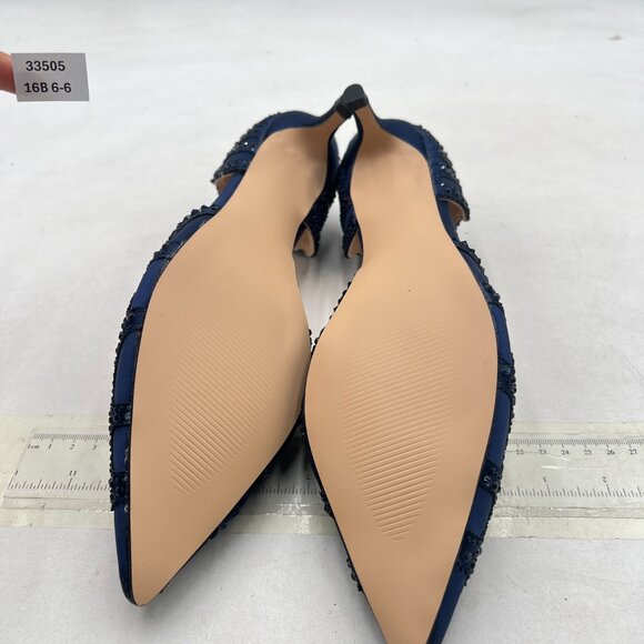 XYD Navy Pointed Toe D'Orsay Kitten Heel Rhinestone Studs Slip-On Satin Shoes - Picture 7 of 14